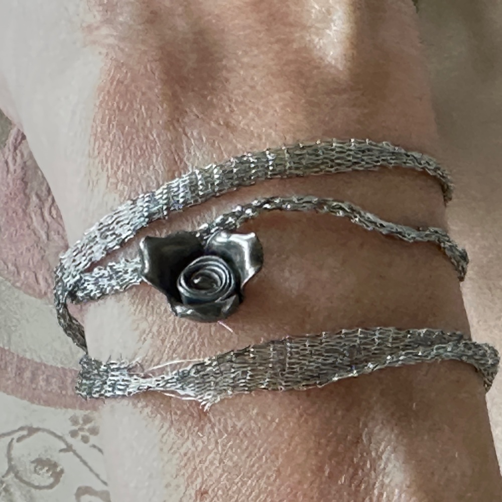 True Silver Rose pendant Necklace on silver thread ribbon Hook closure Vintage